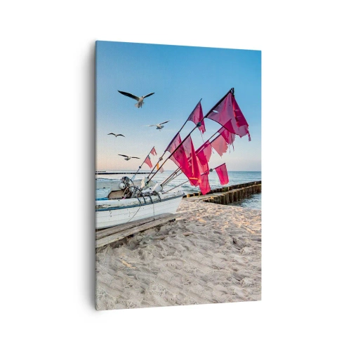 Impression sur toile - Image sur toile - Un bateau sur la plage à l'aube avec des mouettes et des drapeaux rouges - 70x100cm - Repos mérité - Décoration murale moderne pour le salon et la chambre ARTTOR