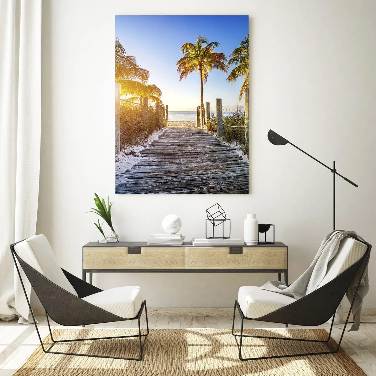 Impression sur verre - Image sur verre - Chemin en bois sur la plage avec des palmiers en arrière-plan - 80x120cm - Directement au paradis - Décoration murale moderne pour le salon et la chambre ARTTOR
