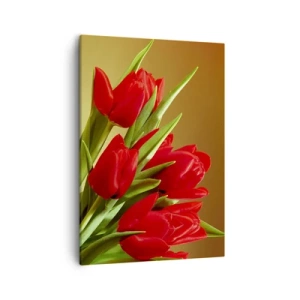 Impression sur toile - Image sur toile - Un bouquet de tulipes rouges sur fond doré avec des feuilles vertes. - 50x70cm - Amas de joie printanière - Décoration murale moderne pour le salon et la chambre ARTTOR