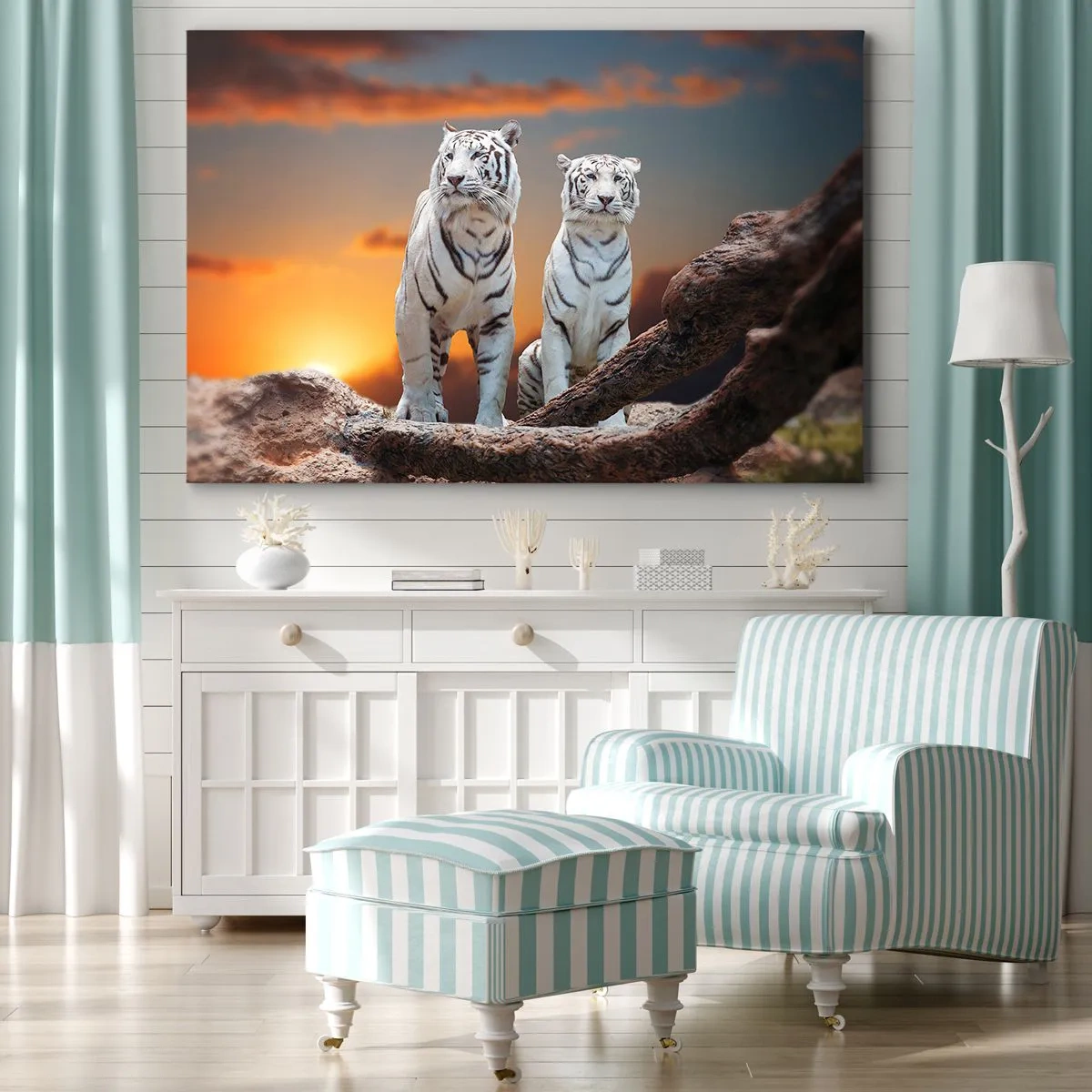 Impression sur toile - Image sur toile - Tigres blancs au soleil couchant sur fond de nature - 100x70cm - Tout comme à Narnia - Décoration murale moderne pour le salon et la chambre ARTTOR