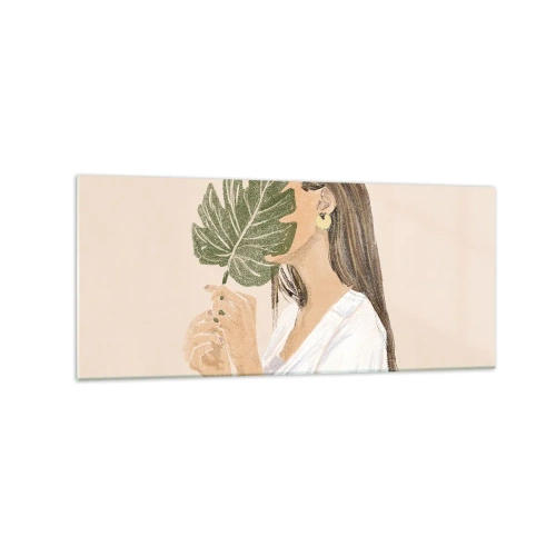 Impression sur verre - Image sur verre - Portrait d'une femme avec une feuille de monstera sur fond beige - 120x50cm - Portrait mystérieux avec un éventail - Décoration murale moderne pour le salon et la chambre ARTTOR