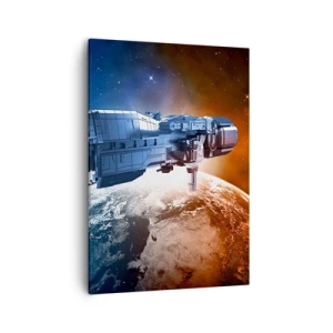 Impression sur toile - Image sur toile - Un vaisseau spatial avec en arrière-plan une planète dans l'espace - 50x70cm - Un observateur attentif - Décoration murale moderne pour le salon et la chambre ARTTOR