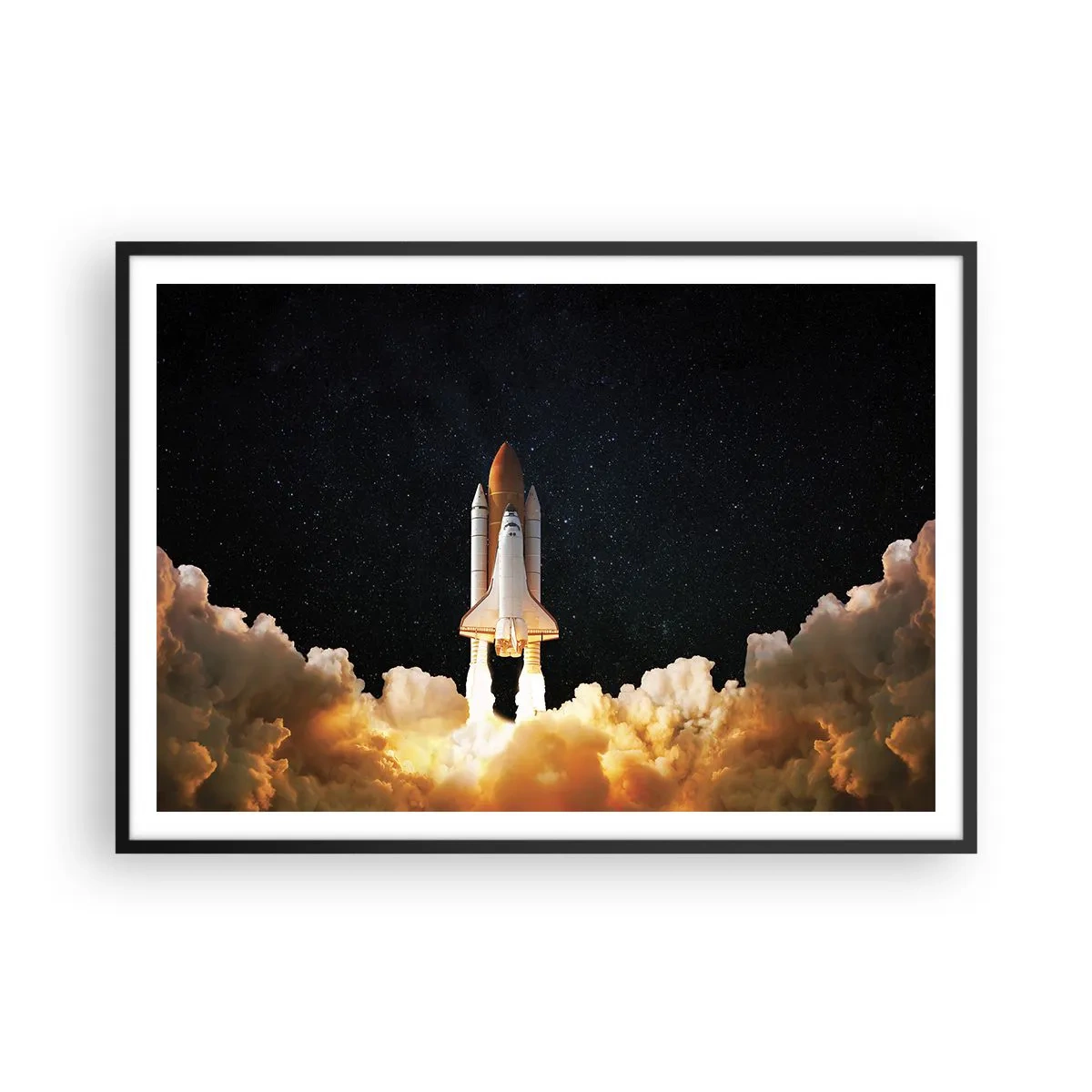 Affiche dans un cadre noir - Poster - Une fusée spatiale décollant dans le ciel étoilé - 100x70cm - Ad astra! - Décoration murale moderne pour le salon et la chambre ARTTOR