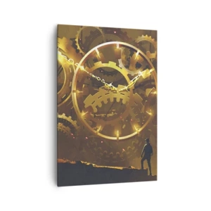 Impression sur toile - Image sur toile - Engrenages dorés dans un décor surréaliste avec une figurine - 70x100cm - À la source du temps - Décoration murale moderne pour le salon et la chambre ARTTOR