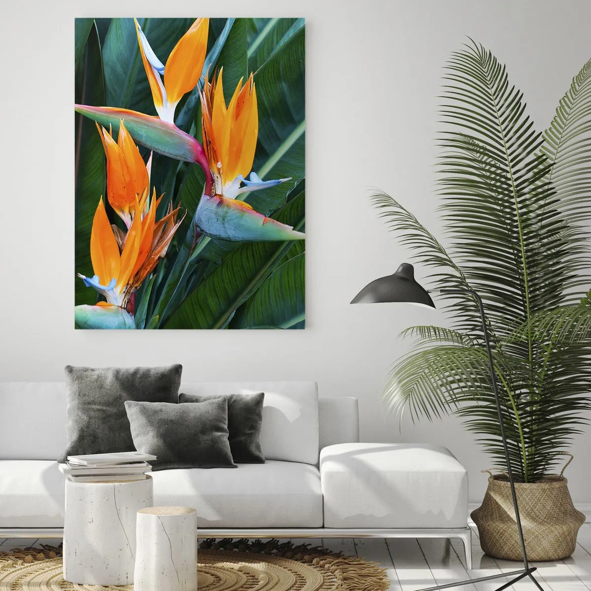 Impression sur verre - Image sur verre - Fleurs de strelitzia exotiques entourées de feuilles vertes - 80x120cm - Est-ce une fleur, est-ce un oiseaux? - Décoration murale moderne pour le salon et la chambre ARTTOR