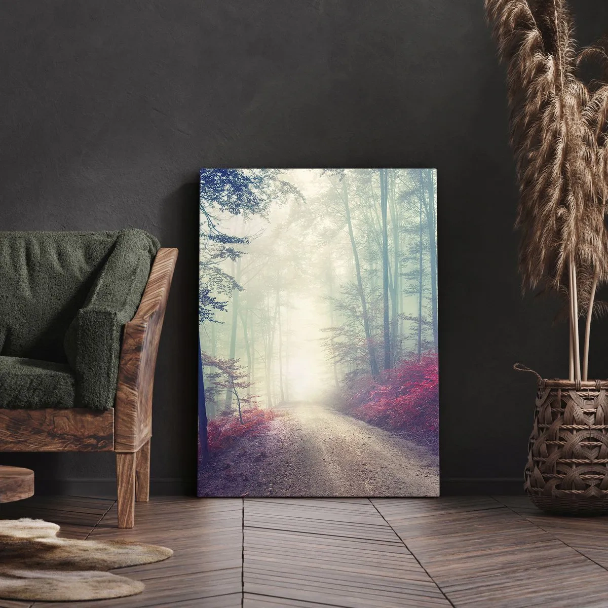 Impression sur toile - Image sur toile - Un sentier forestier magique entouré d'arbres et de brouillard - 80x120cm - Comme c'est bon de se lever à l'aube - Décoration murale moderne pour le salon et la chambre ARTTOR