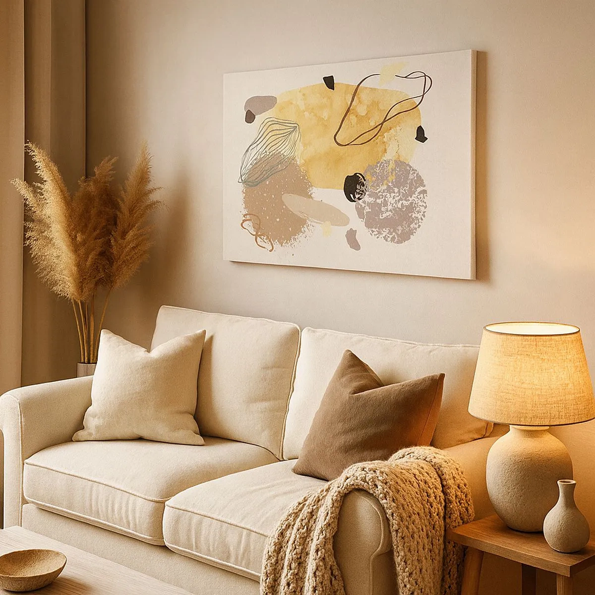 Impression sur toile - Image sur toile - Une composition de formes abstraites en beige et jaune. - 70x50cm - Plumcologie appliquée - Décoration murale moderne pour le salon et la chambre ARTTOR