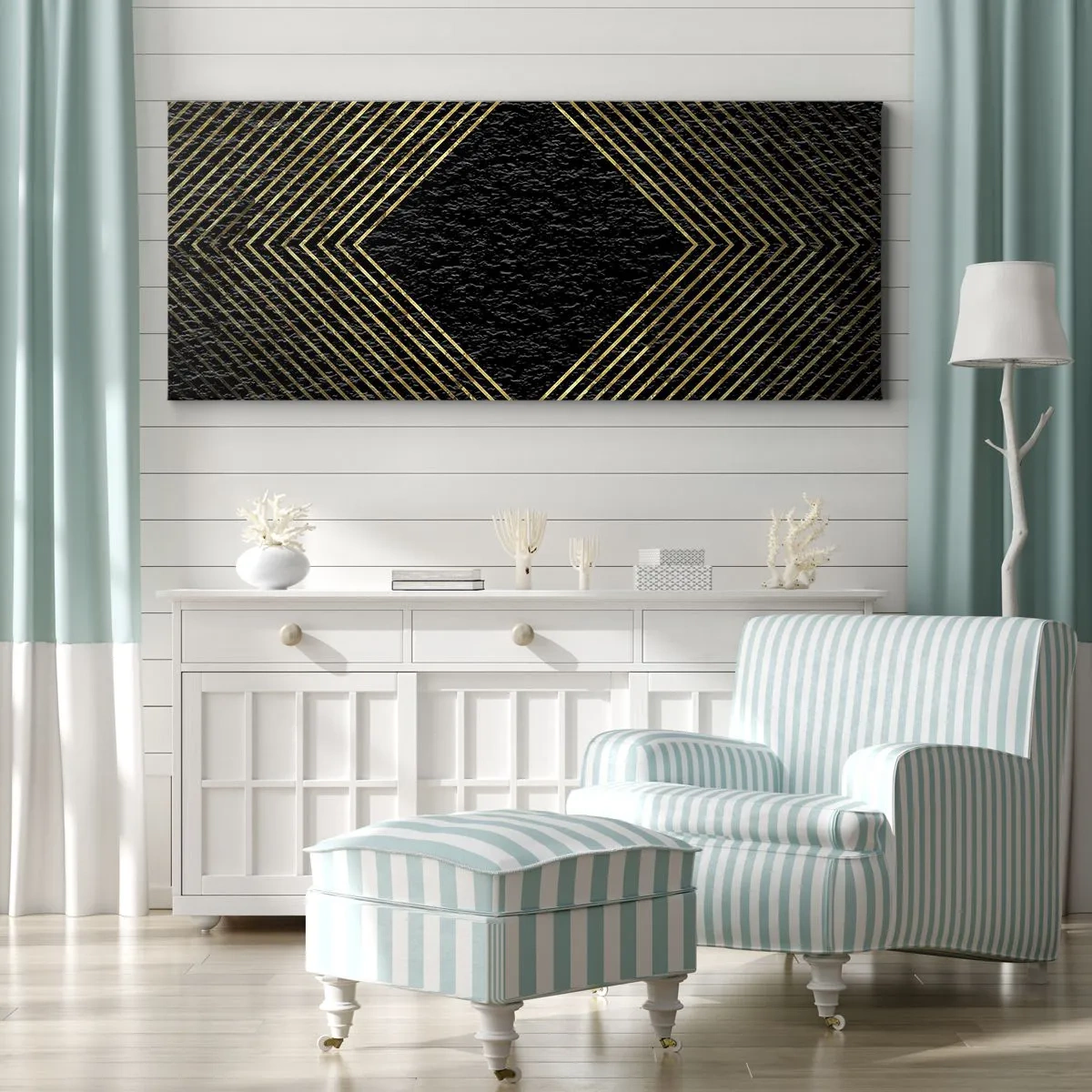 Impression sur toile - Image sur toile - Fond noir avec un motif géométrique de lignes dorées - 120x50cm - Géométrie dans un style glamour - Décoration murale moderne pour le salon et la chambre ARTTOR