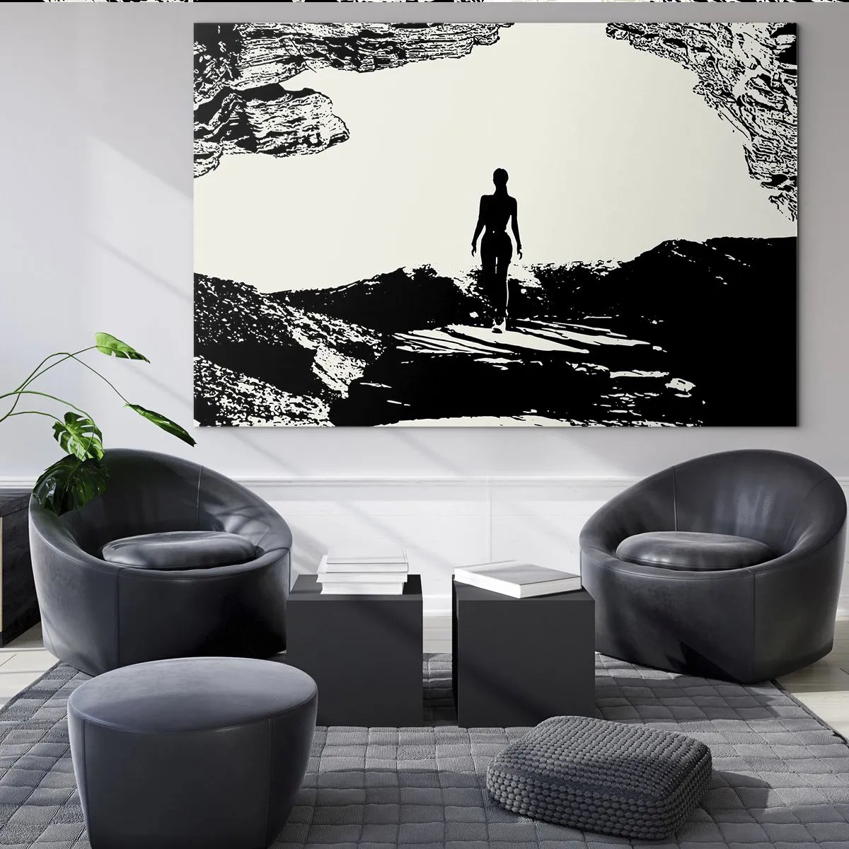 Impression sur verre - Image sur verre - Silhouette d'une femme sortant d'une grotte en graphisme noir et blanc - 100x70cm - Nouveau look - Décoration murale moderne pour le salon et la chambre ARTTOR