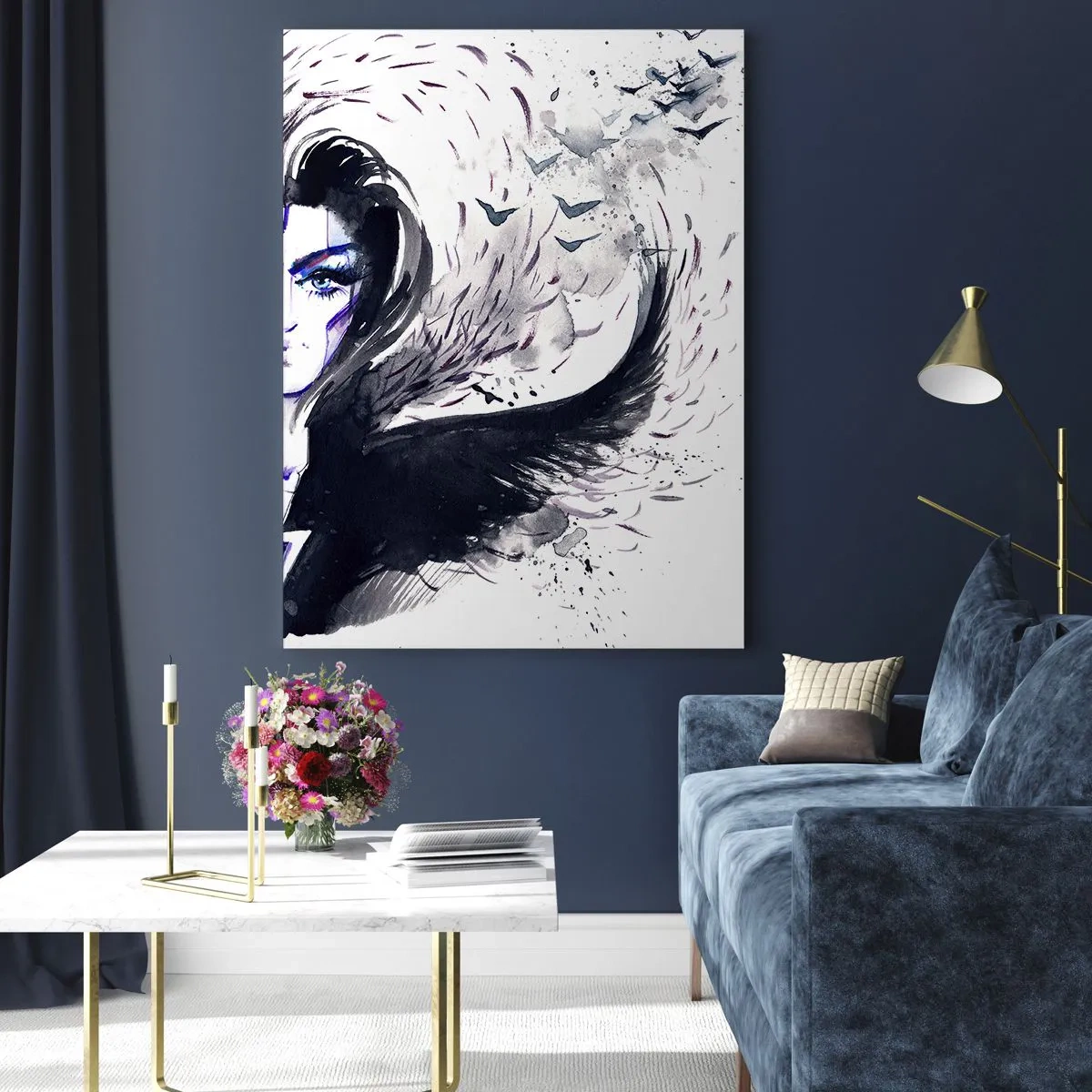 Impression sur verre - Image sur verre - Visage abstrait avec des éléments contrastés et un motif d'aile - 70x100cm - Démoniaque et belle - Décoration murale moderne pour le salon et la chambre ARTTOR