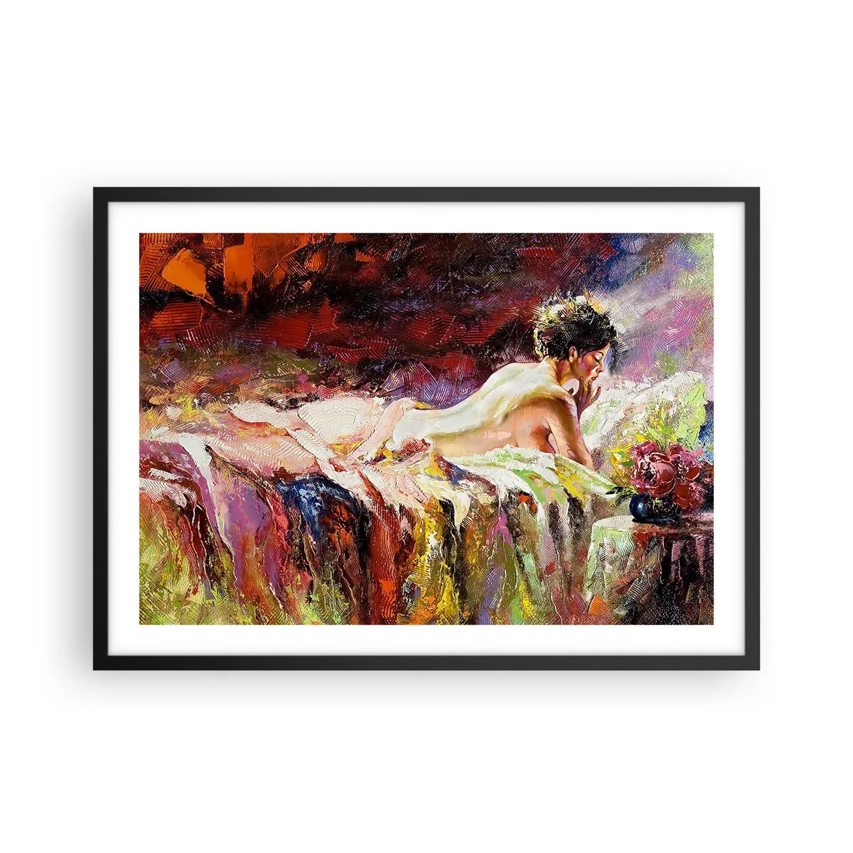 Affiche dans un cadre noir - Poster - Une femme allongée sur un lit sur un fond de couleurs abstraites. - 70x50cm - Vénus en pensée - Décoration murale moderne pour le salon et la chambre ARTTOR