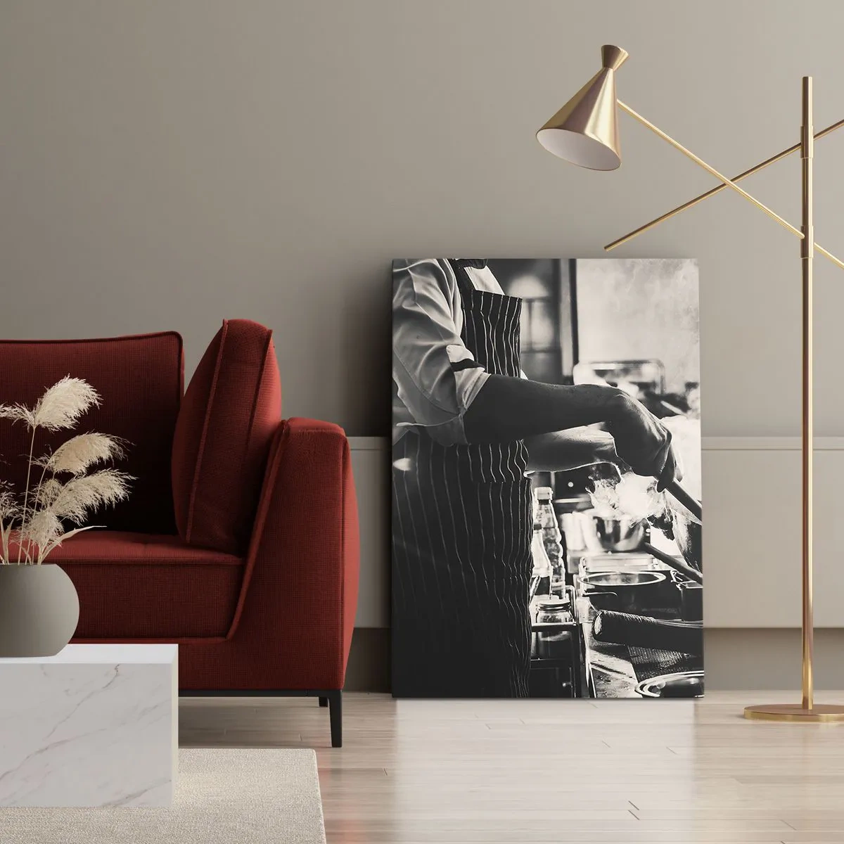 Impression sur toile - Image sur toile - Un chef au travail dans la cuisine avec de la vapeur s'élevant d'une poêle à frire - 50x70cm - Alchimie des saveurs - Décoration murale moderne pour le salon et la chambre ARTTOR