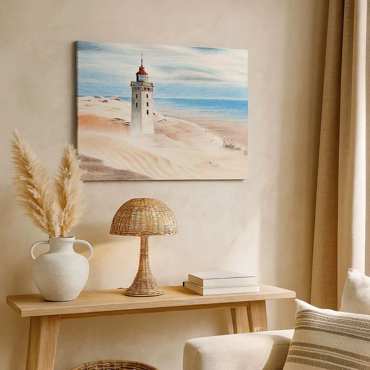 Impression sur toile - Image sur toile - Un phare entouré de dunes de sable et d'un ciel bleu - 70x50cm - Toujours regarder la mer - Décoration murale moderne pour le salon et la chambre ARTTOR