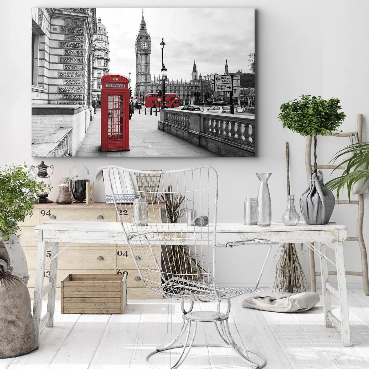 Impression sur toile - Image sur toile - Une cabine téléphonique rouge avec Big Ben en arrière-plan à Londres - 100x70cm - Sans aucun doute Londres - Décoration murale moderne pour le salon et la chambre ARTTOR