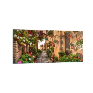 Impression sur verre - Image sur verre - Une charmante rue pleine de fleurs et de pots de fleurs - 120x50cm - Ruelle italienne - Décoration murale moderne pour le salon et la chambre ARTTOR