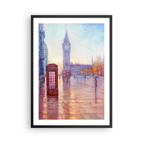 Affiche dans un cadre noir - Poster - Big Ben et la cabine téléphonique rouge un jour de pluie - 50x70cm - Jour automnal londonien - Décoration murale moderne pour le salon et la chambre ARTTOR