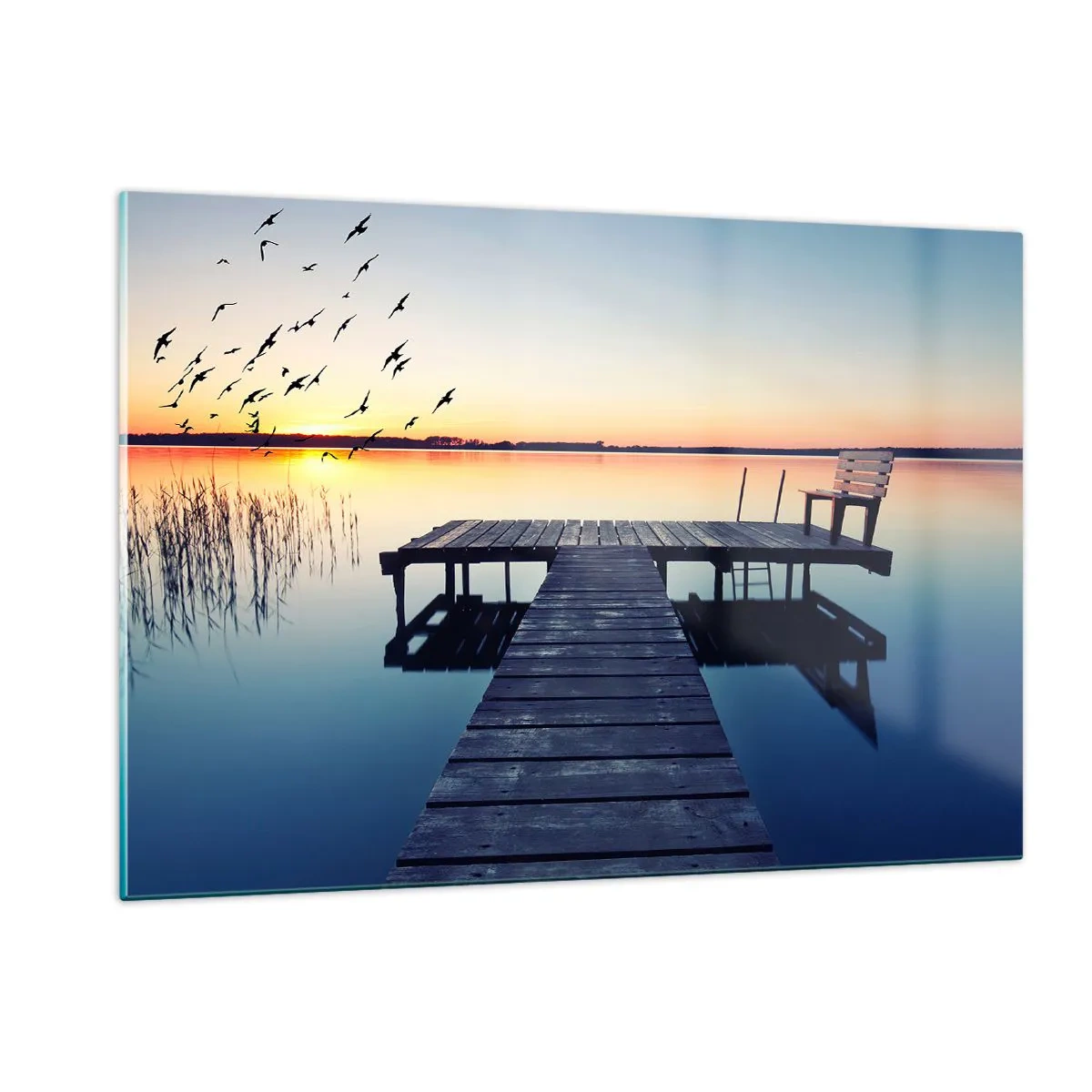 Impression sur verre - Image sur verre - Une jetée sur le lac avec vue sur le coucher de soleil et les oiseaux en vol - 120x80cm - C'était une bonne journée - Décoration murale moderne pour le salon et la chambre ARTTOR