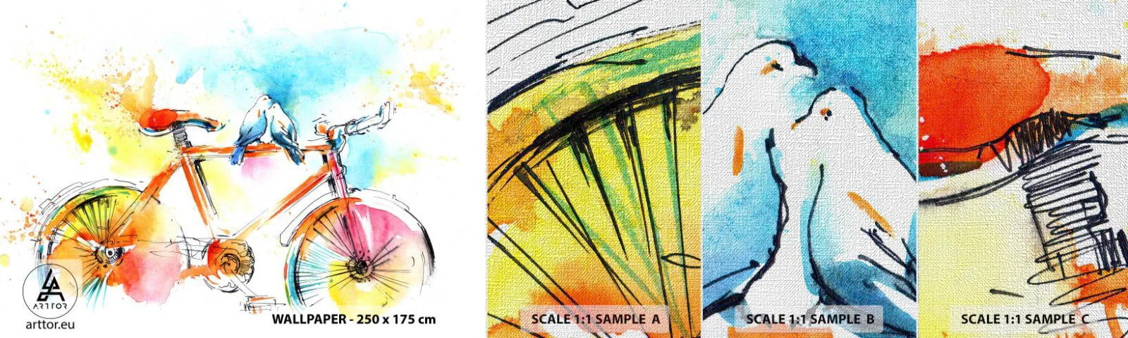 Échantillon de Papier Peint Premium Canvas - À deux en vélo - Abstraction, Vélo, Des oiseaux - 100x30 cm