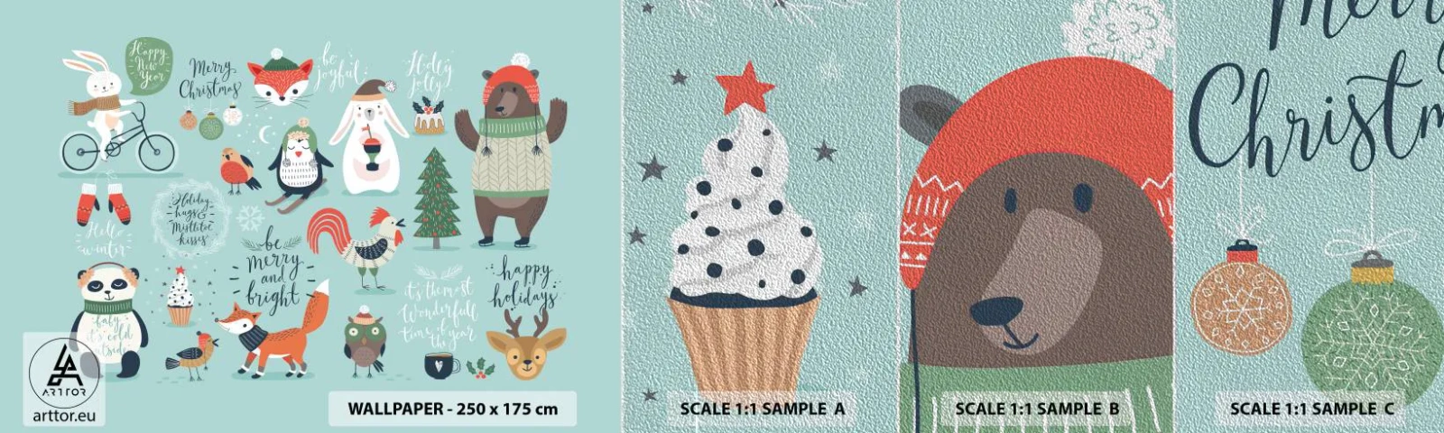 Échantillon de Papier Peint Premium Sand - Que ce soit toujours Noël ! - Pour les enfants, Hiver, Animaux heureux - 100x30 cm