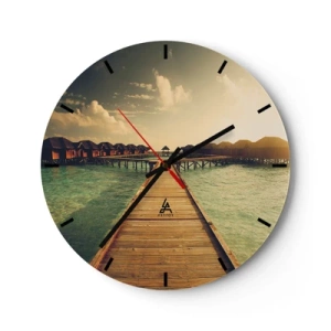 Horloge murale - Pendule murale - La jetée menant aux maisons d'eau dans la lumière du coucher du soleil - 30x30cm - Invitation chaleureuse - Décoration murale moderne pour le salon, la cuisine et la chambre ARTTOR