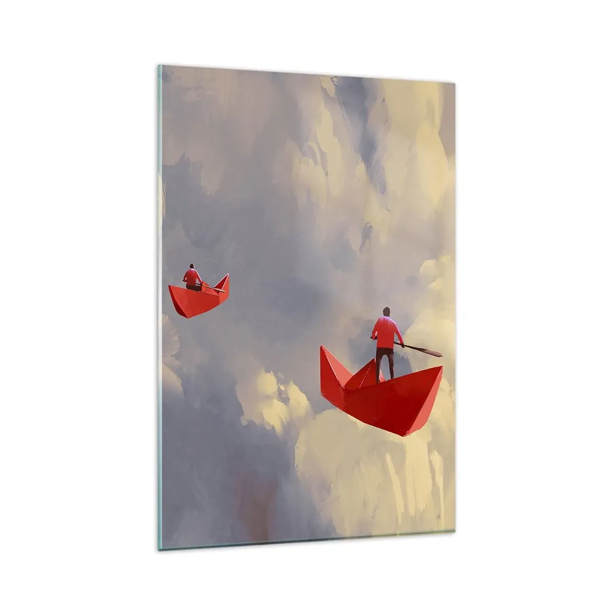 Impression sur verre - Image sur verre - Bateaux en papier rouges flottant dans les nuages - 80x120cm - Expédition des Rêveurs - Décoration murale moderne pour le salon et la chambre ARTTOR