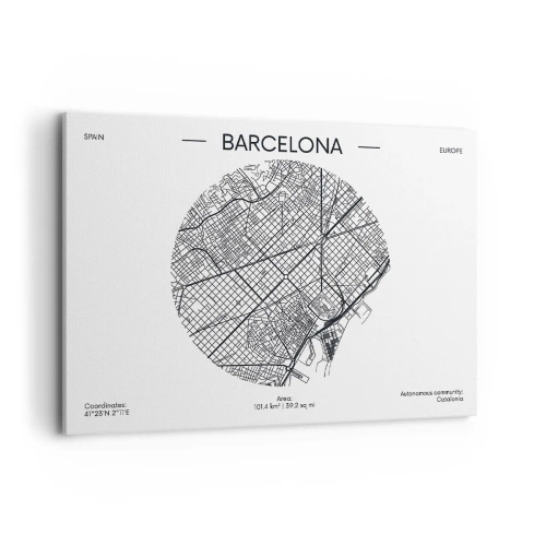Impression sur toile - Image sur toile - Une carte de Barcelone dans un style minimaliste en noir et blanc - 100x70cm - Anatomie de Barcelone - Décoration murale moderne pour le salon et la chambre ARTTOR
