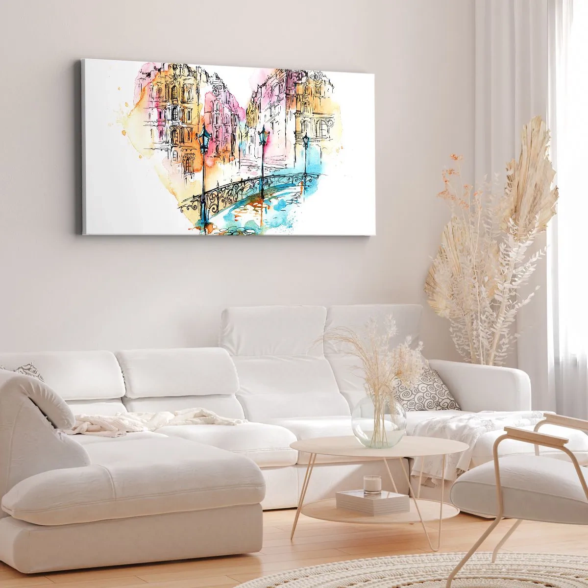 Impression sur toile - Image sur toile - Aquarelle d'un pont et de maisons en forme de cœur - 160x50cm - Le coeur de la ville - Décoration murale moderne pour le salon et la chambre ARTTOR
