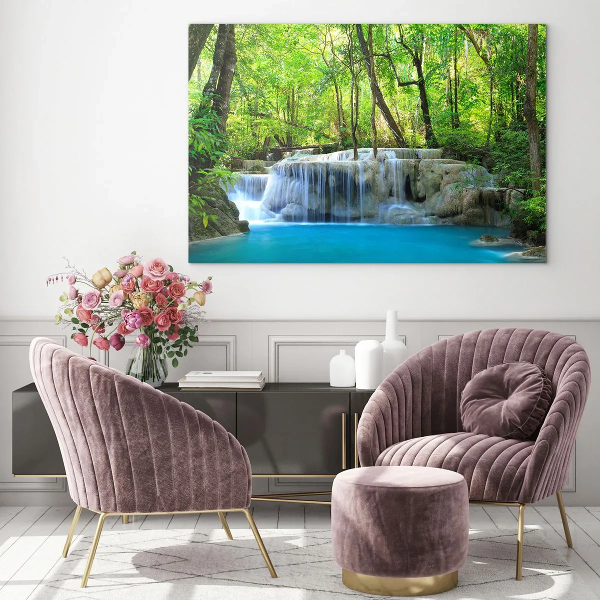 Impression sur verre - Image sur verre - Une cascade entourée d'arbres verts et d'eau bleue - 120x80cm - Se noyer dans le turquoise et le vert - Décoration murale moderne pour le salon et la chambre ARTTOR