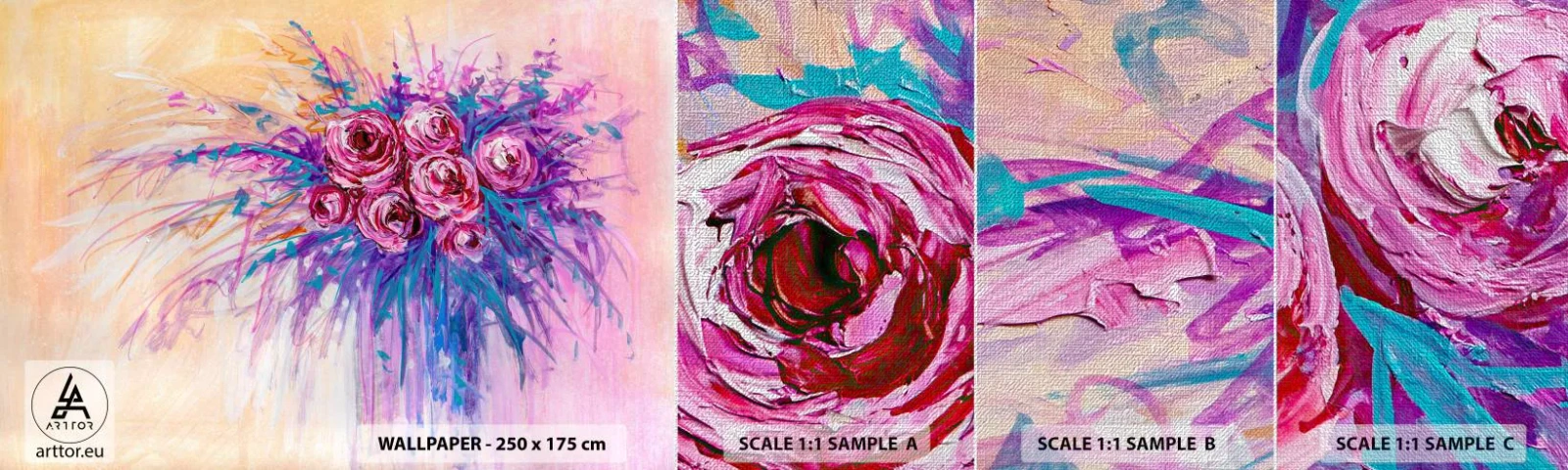 Échantillon de Papier Peint Premium Canvas - Fontaine aux roses - Fleurs, Bouquet de fleurs, Rose - 100x30 cm