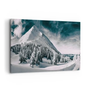 Impression sur toile - Image sur toile - Un sommet de montagne enneigé entouré d'une forêt hivernale - 120x80cm - Le pays de la neige et de la glace - Décoration murale moderne pour le salon et la chambre ARTTOR