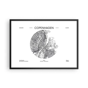 Affiche dans un cadre noir - Poster - Une carte de Copenhague dans un style minimaliste en noir et blanc. - 70x50cm - Anatomie de Copenhague - Décoration murale moderne pour le salon et la chambre ARTTOR