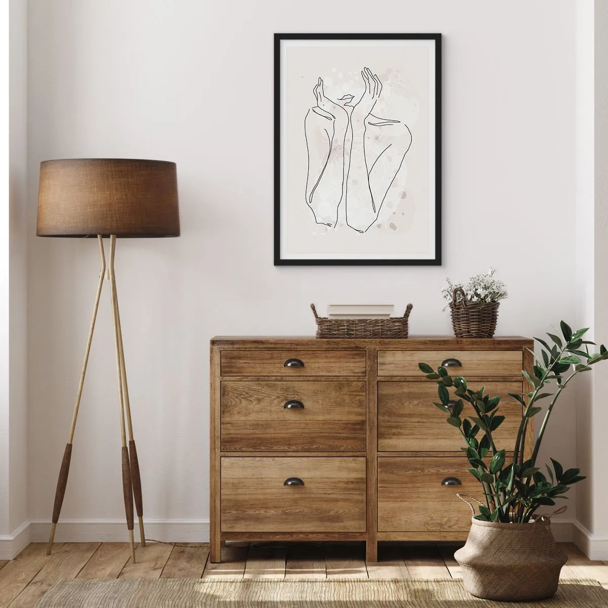 Affiche dans un cadre noir - Poster - Dessin au contour d'une main avec un fond abstrait dans des tons beiges - 50x70cm - Instant de rêve - Décoration murale moderne pour le salon et la chambre ARTTOR
