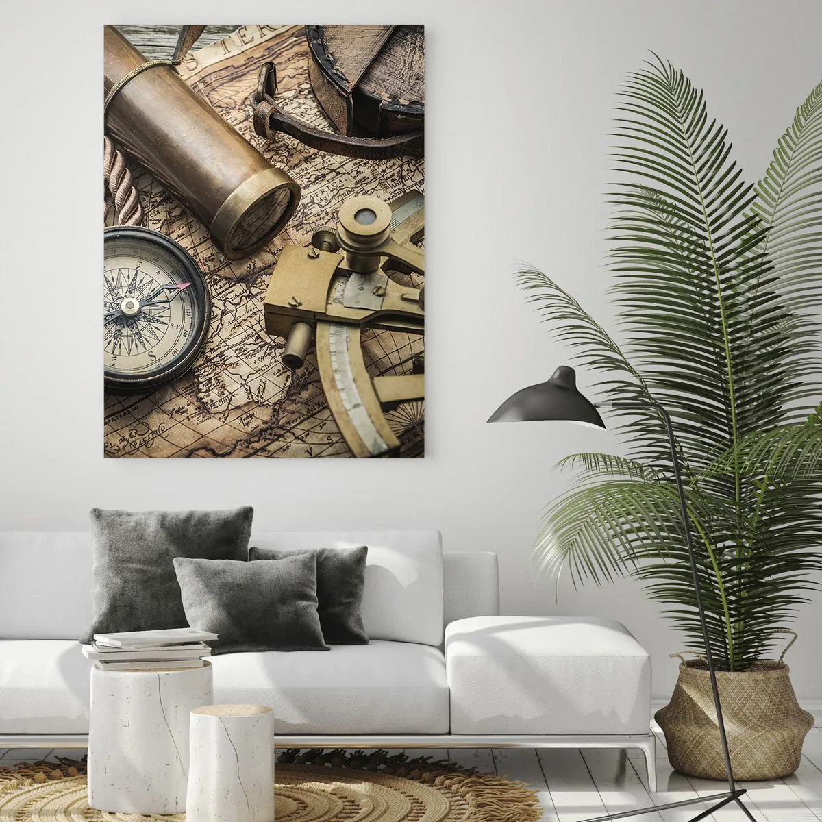 Impression sur verre - Image sur verre - Une boussole, un sextant et un télescope sur fond de vieille carte et de corde nautique. - 70x100cm - Fixer un cap - Décoration murale moderne pour le salon et la chambre ARTTOR