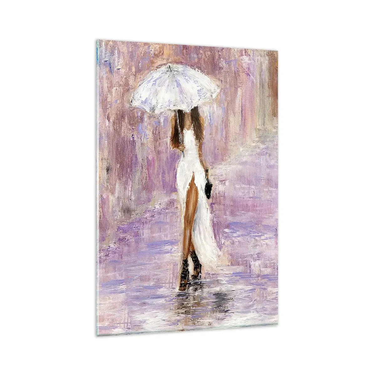 Impression sur verre - Image sur verre - Une femme avec un parapluie marchant sous la pluie dans des tons lilas - 80x120cm - Sous la pluie lilas - Décoration murale moderne pour le salon et la chambre ARTTOR
