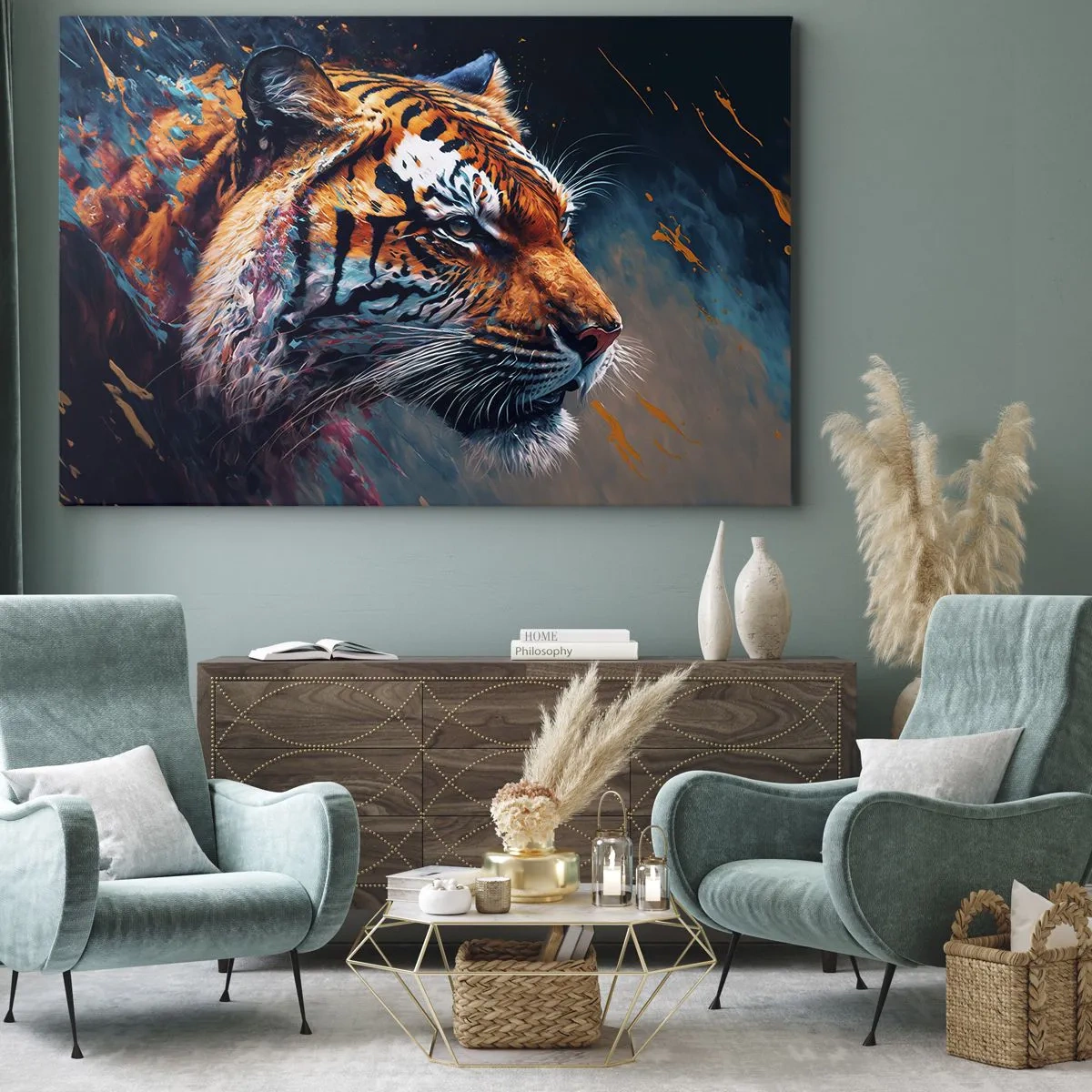 Impression sur toile - Image sur toile - Portrait d'un tigre aux couleurs dynamiques et abstraites - 120x80cm - Beauté sauvage - Décoration murale moderne pour le salon et la chambre ARTTOR