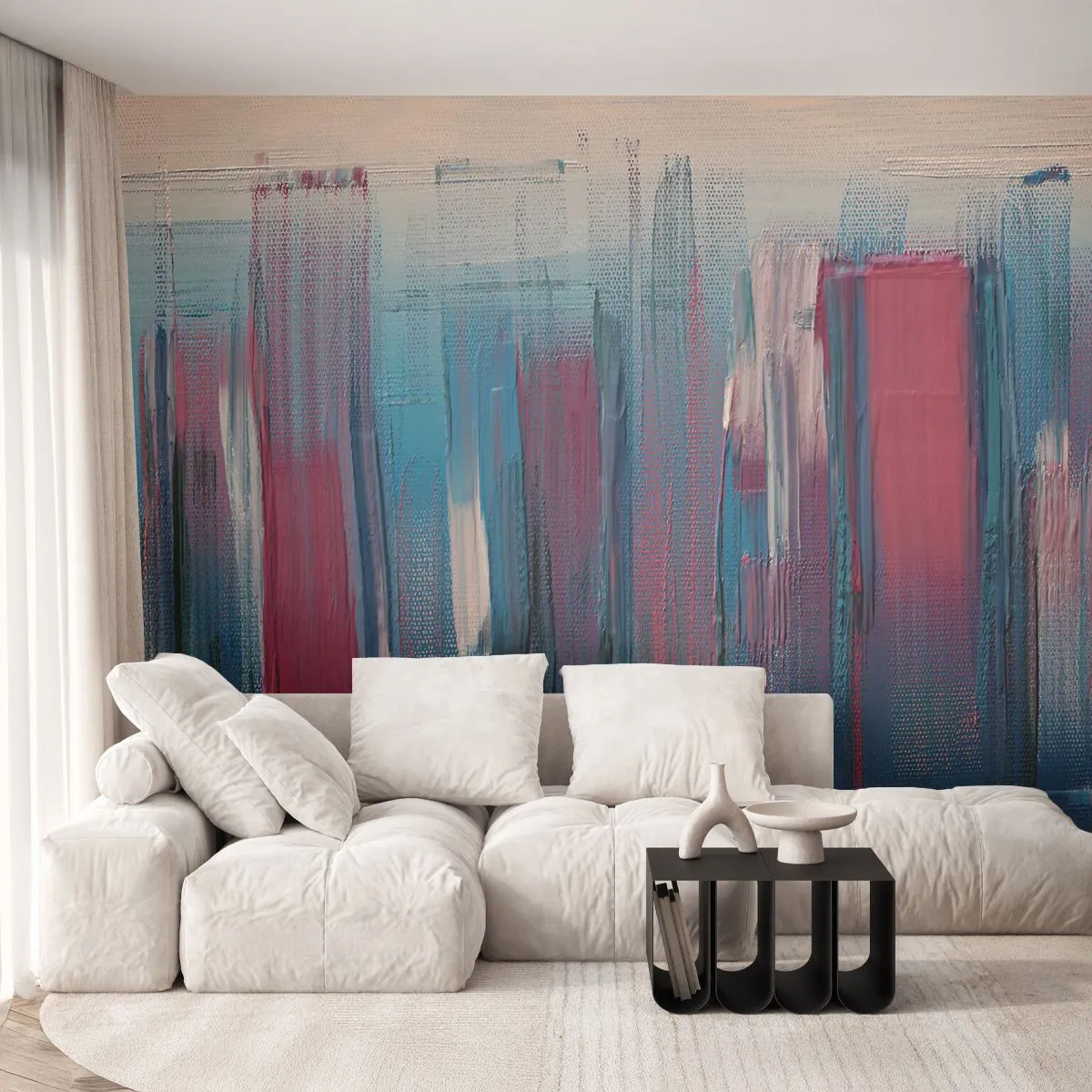 Papier Peint Photo Premium Sand - Formes verticales abstraites dans des tons de bleu et de rouge - 100x70cm - Composition verticale en bleu et rouge - Décoration murale moderne pour le salon et la chambre ARTTOR