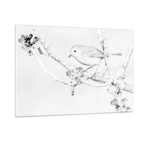 Impression sur verre - Image sur verre - Un oiseau perché sur une branche dans une scène hivernale monochrome. - 120x80cm - Matin d'hiver - Décoration murale moderne pour le salon et la chambre ARTTOR