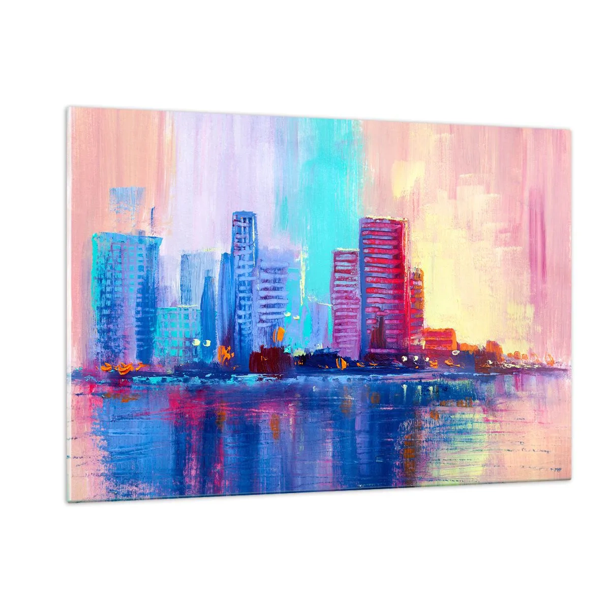Impression sur verre - Image sur verre - Une ville moderne aux couleurs intenses se reflétant dans l'eau - 120x80cm - Baigné de couleurs - Décoration murale moderne pour le salon et la chambre ARTTOR