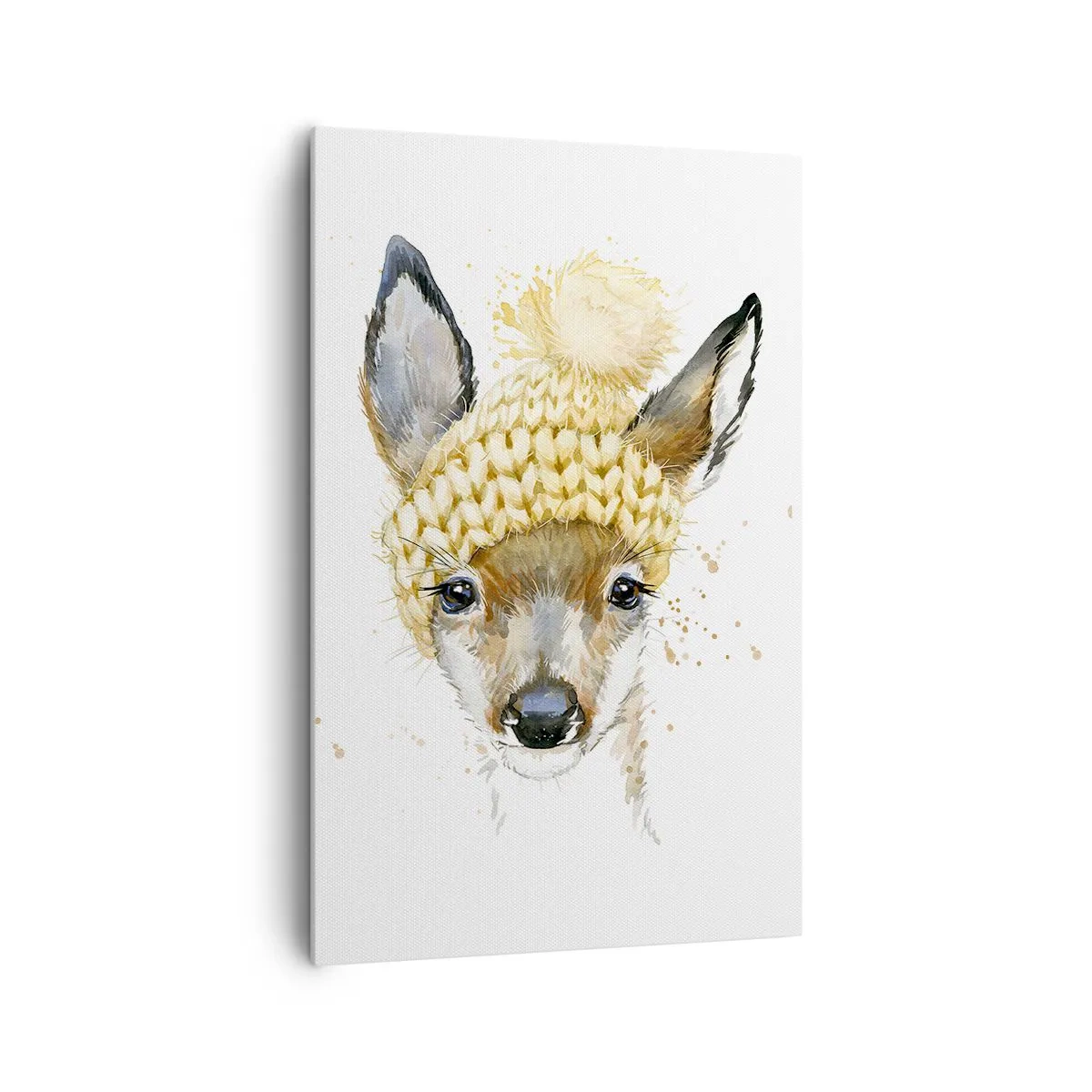 Impression sur toile - Image sur toile - Cerf aquarelle avec une casquette jaune - 80x120cm - Pour l'hiver dans la forêt enneigée - Décoration murale moderne pour le salon et la chambre ARTTOR