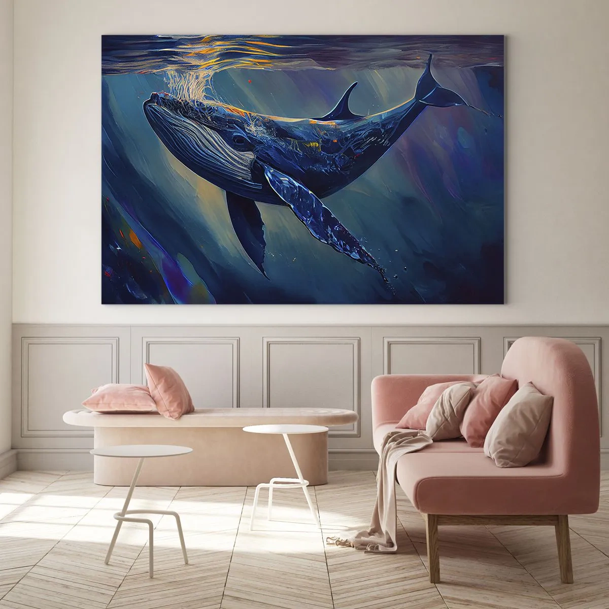Impression sur verre - Image sur verre - Une baleine flottant sous l'eau au soleil - 100x70cm - Bienvenue dans mon monde - Décoration murale moderne pour le salon et la chambre ARTTOR