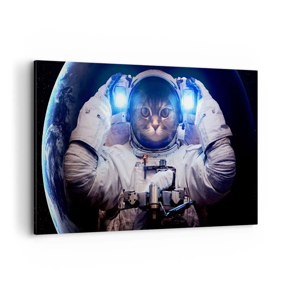 Impression sur toile - Image sur toile - Un chat dans une combinaison d'astronaute avec la Terre en arrière-plan et une lumière vive. - 120x80cm - Houston, vous avez un problème - Décoration murale moderne pour le salon et la chambre ARTTOR