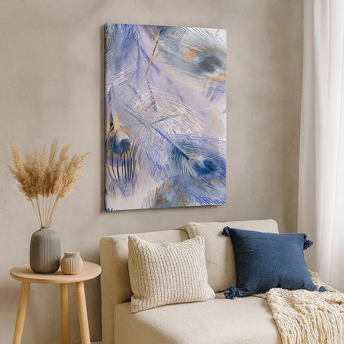 Impression sur toile - Image sur toile - Un motif avec des plumes de paon dans des tons de bleu et d'or - 50x70cm - Composition de paon - Décoration murale moderne pour le salon et la chambre ARTTOR