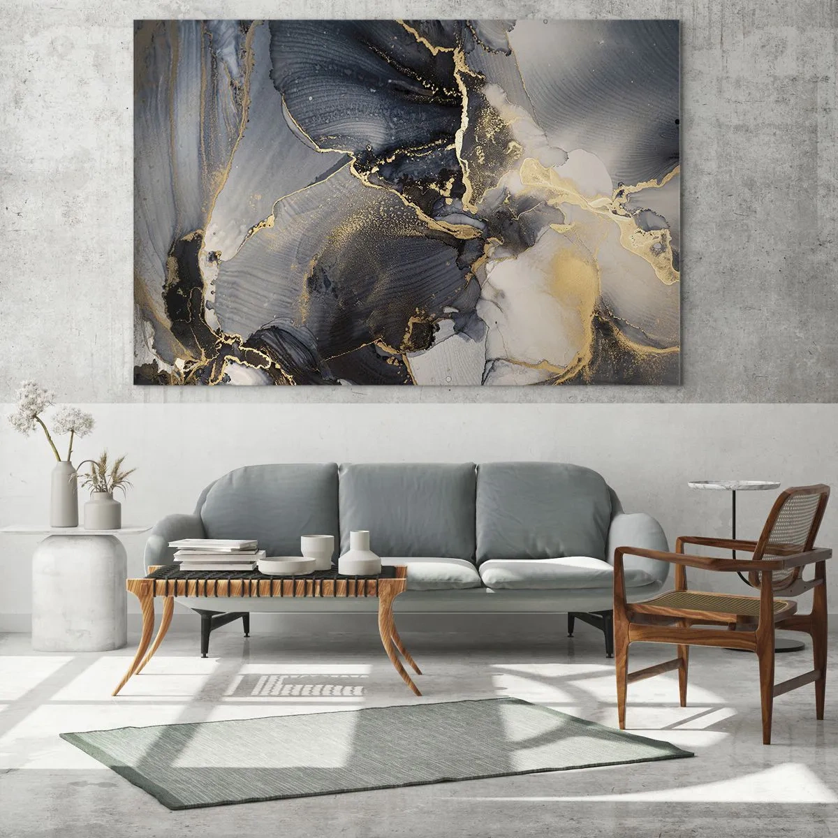 Impression sur verre - Image sur verre - Abstraction sombre avec un effet marbre et des veines dorées - 100x70cm - La vie de la pierre - Décoration murale moderne pour le salon et la chambre ARTTOR