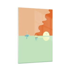 Impression sur verre - Image sur verre - Un paysage marin minimaliste avec un voilier et un coucher de soleil - 80x120cm - Paysage idéal de la mer - Décoration murale moderne pour le salon et la chambre ARTTOR