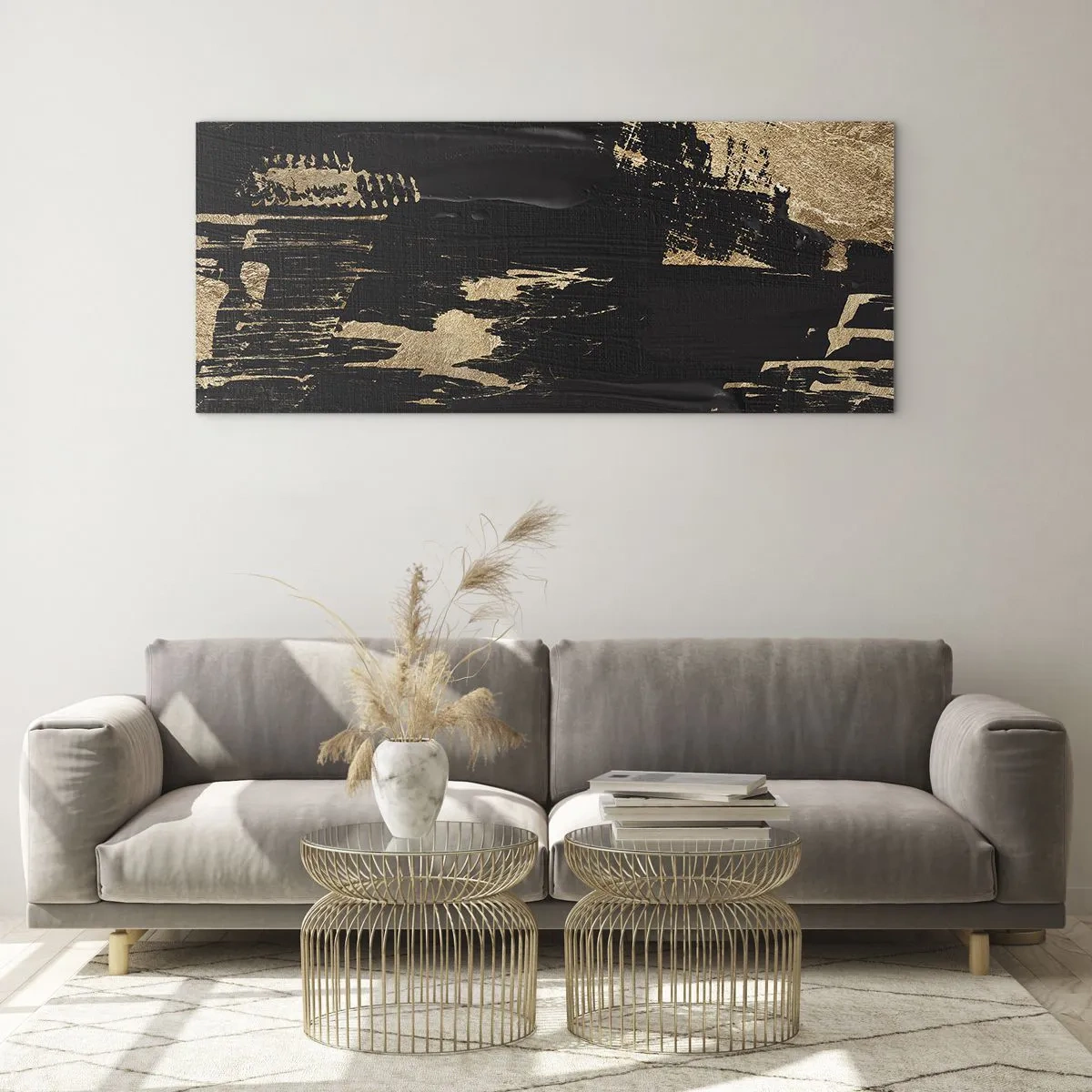 Impression sur verre - Image sur verre - Composition abstraite dans les tons de noir et d'or - 140x50cm - Empreinte du toucher - Décoration murale moderne pour le salon et la chambre ARTTOR