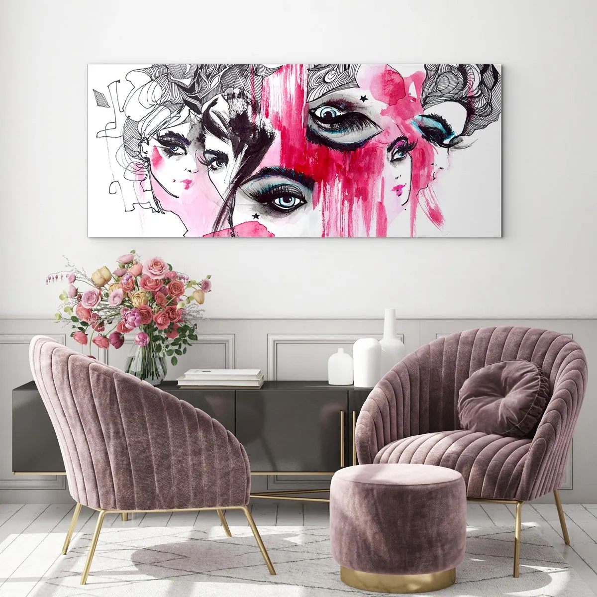 Impression sur verre - Image sur verre - Visage abstrait dans les tons de rose et de noir - 120x50cm - Yeux abstraits - Décoration murale moderne pour le salon et la chambre ARTTOR