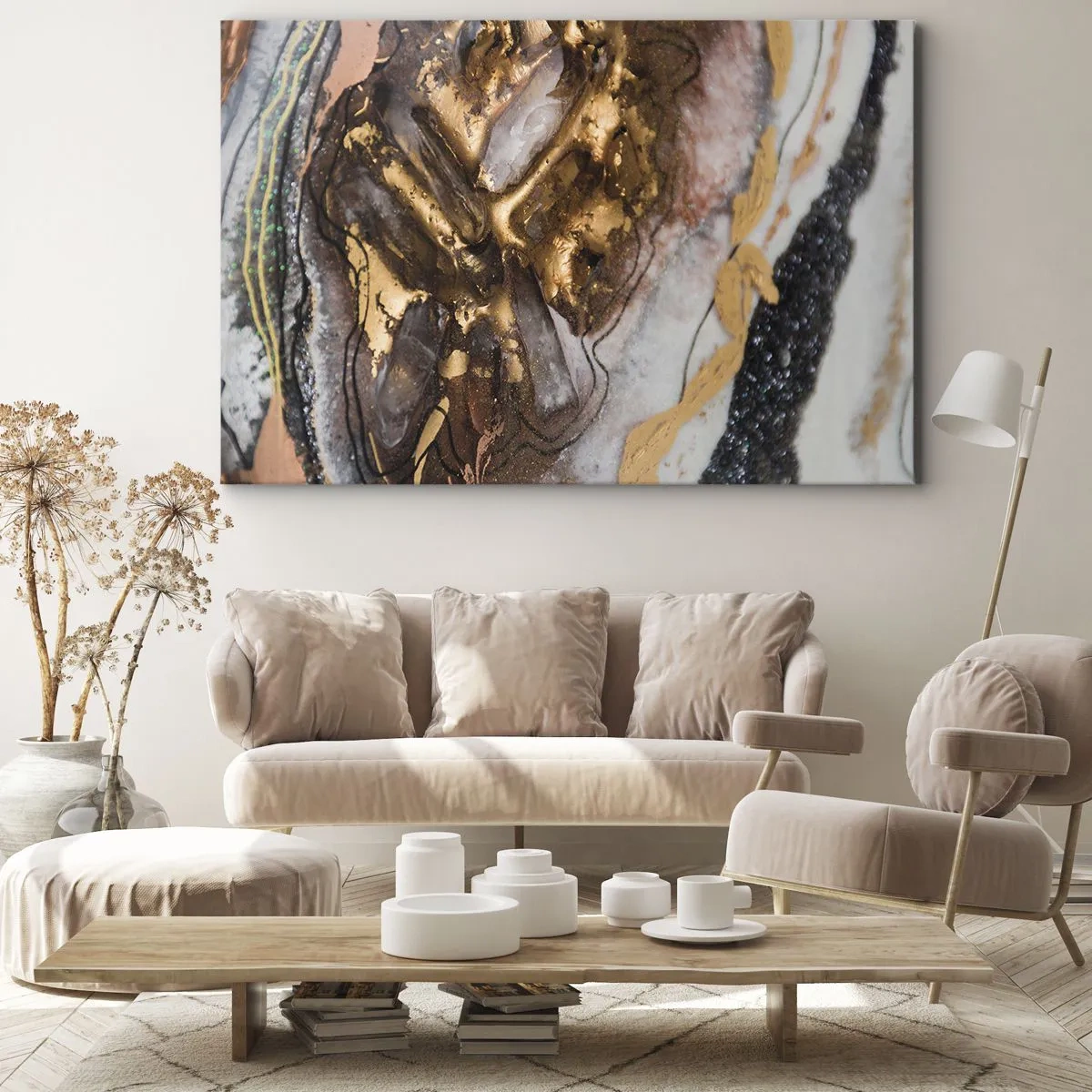Impression sur toile - Image sur toile - Composition abstraite avec des éléments d'or et de cristaux - 120x80cm - Élément de la terre - Décoration murale moderne pour le salon et la chambre ARTTOR