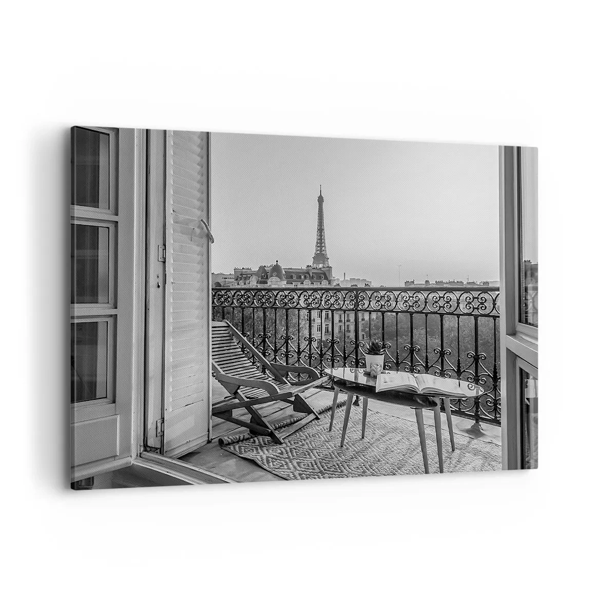 Impression sur toile - Image sur toile - Vue sur la Tour Eiffel depuis le balcon avec transats et table - 100x70cm - Après-midi parisien - Décoration murale moderne pour le salon et la chambre ARTTOR