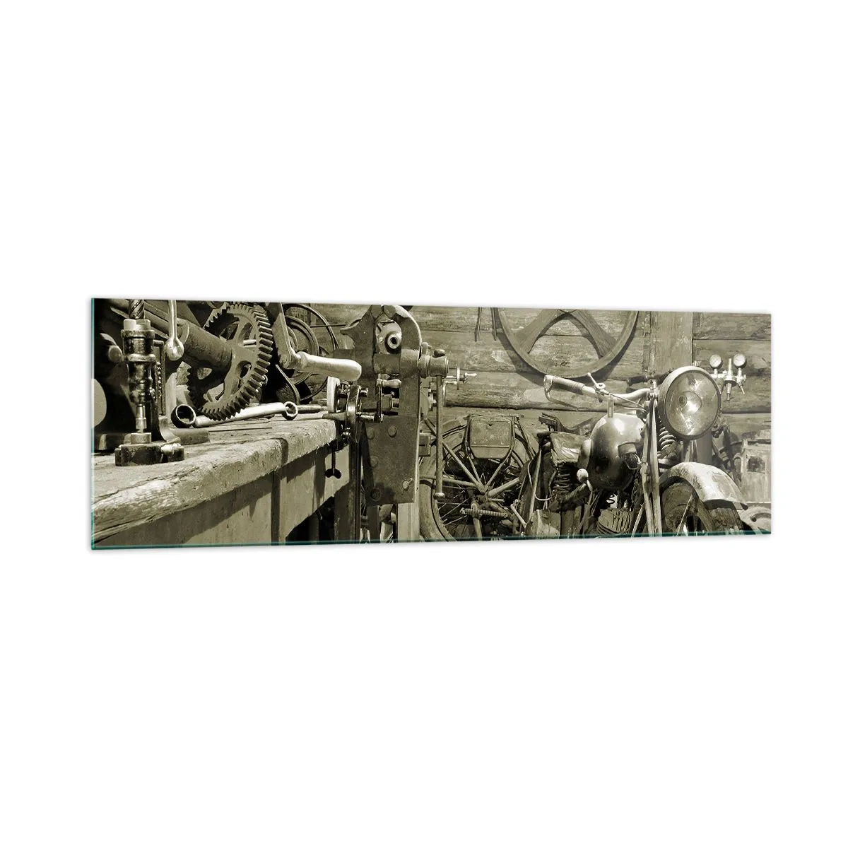 Impression sur verre - Image sur verre - Atelier rétro avec motos et outils - 160x50cm - Dans le hangar de l'oncle Władek - Décoration murale moderne pour le salon et la chambre ARTTOR