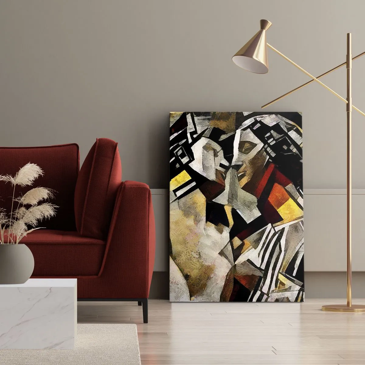 Impression sur toile - Image sur toile - Composition abstraite avec des silhouettes dans une forme dynamique - 70x100cm - Un baiser sculptural - Décoration murale moderne pour le salon et la chambre ARTTOR